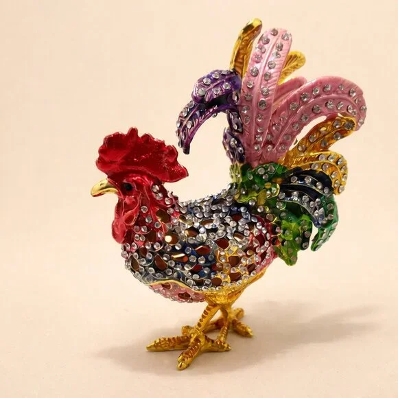 Jeweled Rooster Hinged Trinket Box NIB Enamel Rhinestone Tchotchke Décor 🐓